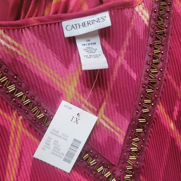 Catherines Womens Top 1X Tunic Bell Sleeve Red Pink Sheer Beaded GEO260E - Picture 9 of 11